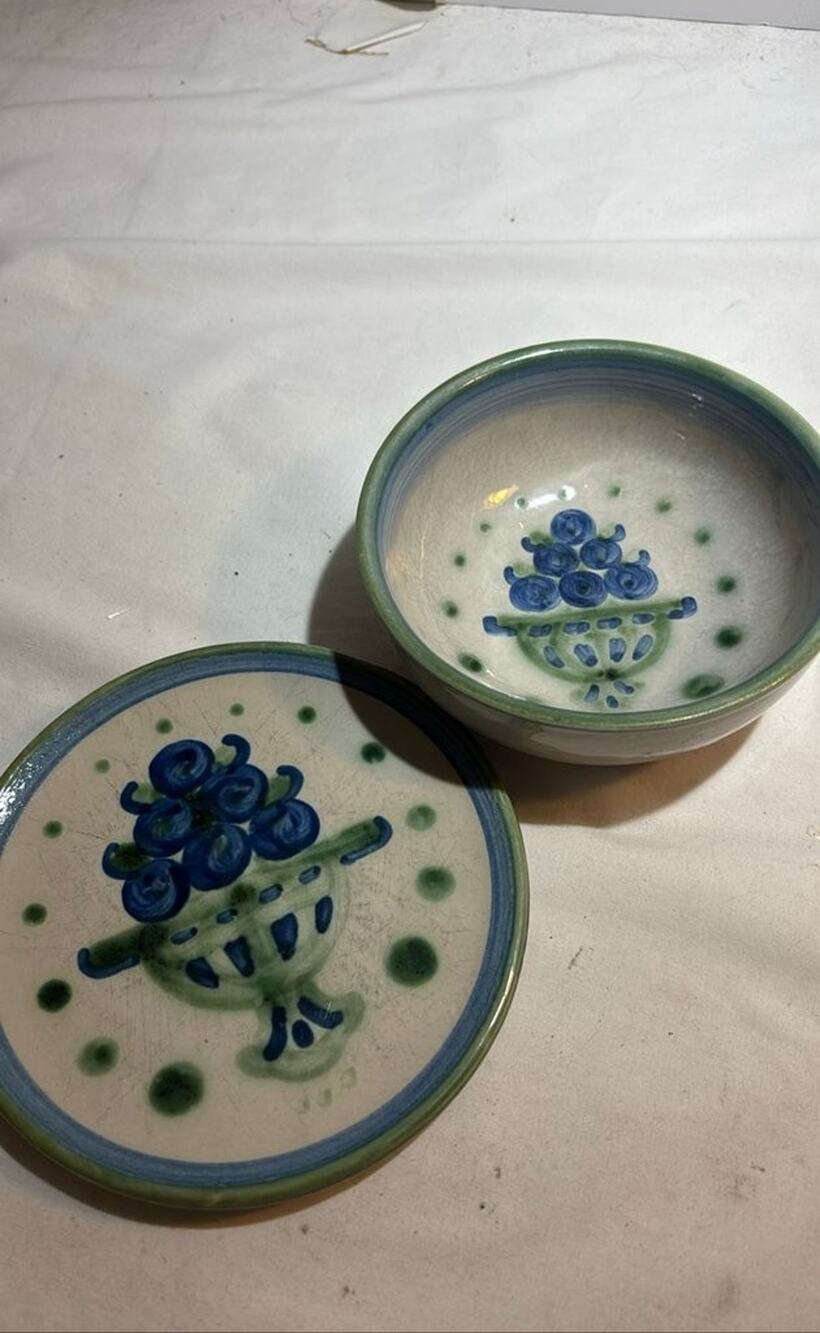 M.A. Hadley Pottery Bowls with Blue Floral Design